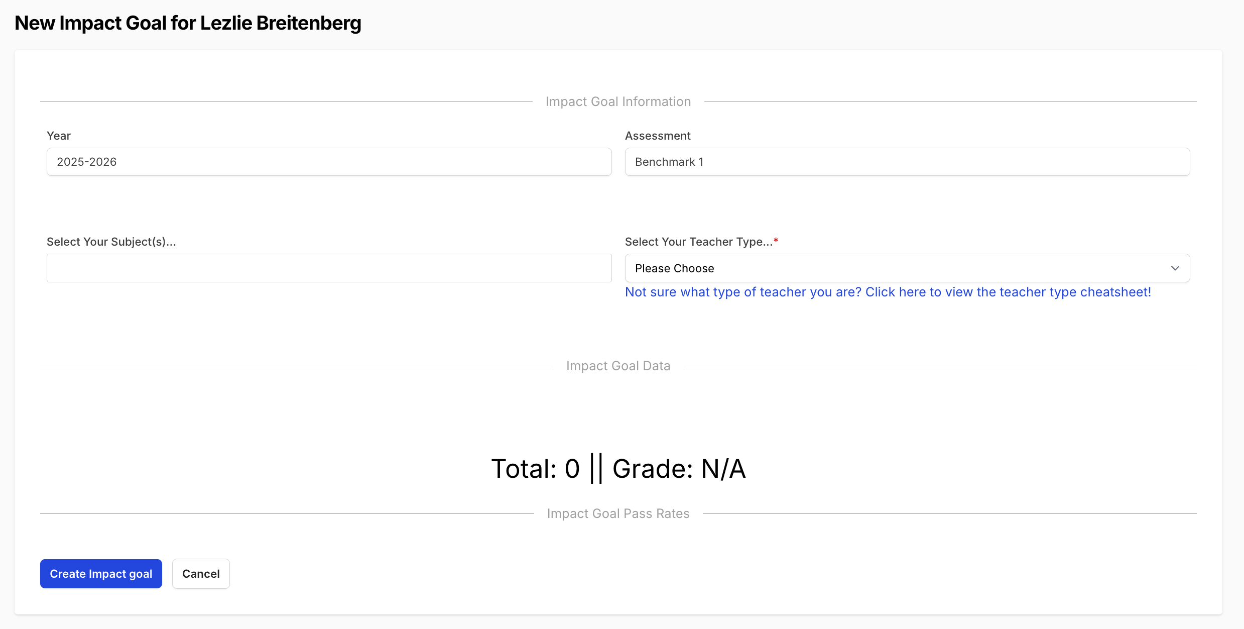 New Teacher Impact Goal Form