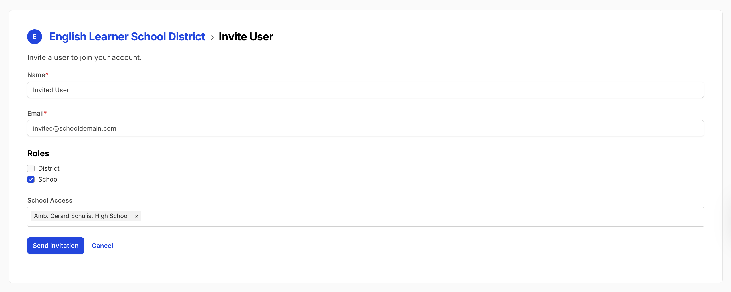Invite User form with the School role checked and a school selected