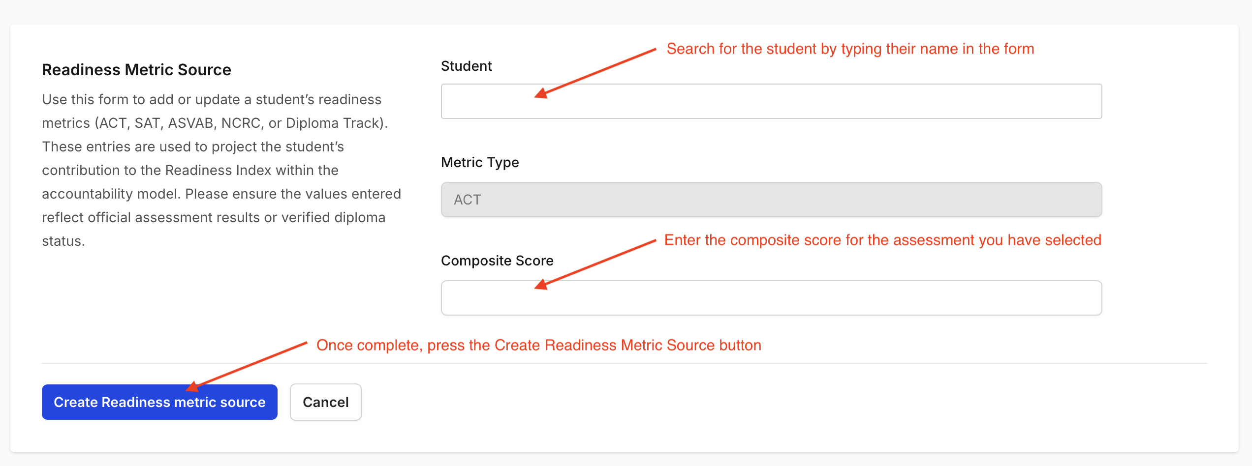 Readiness Metric Source Form