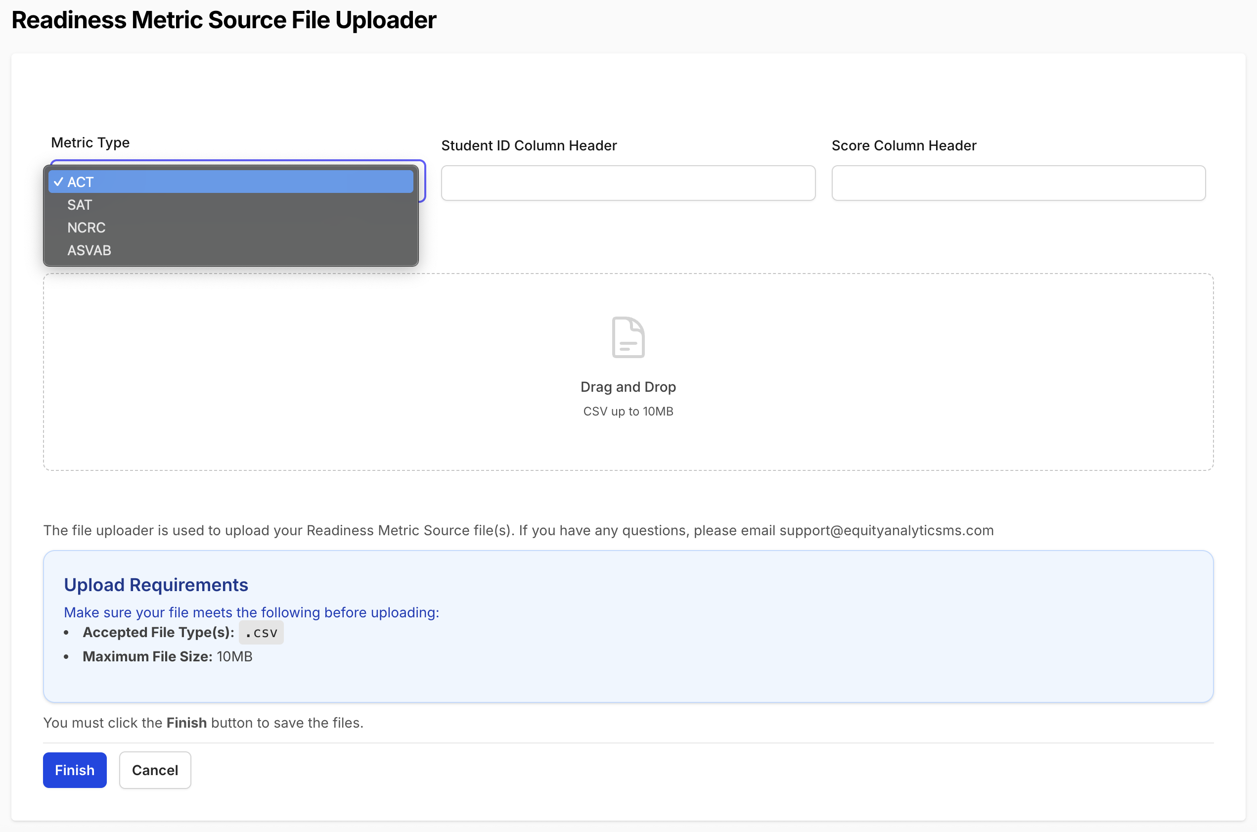 User Menu showing Metrics Upload Screen