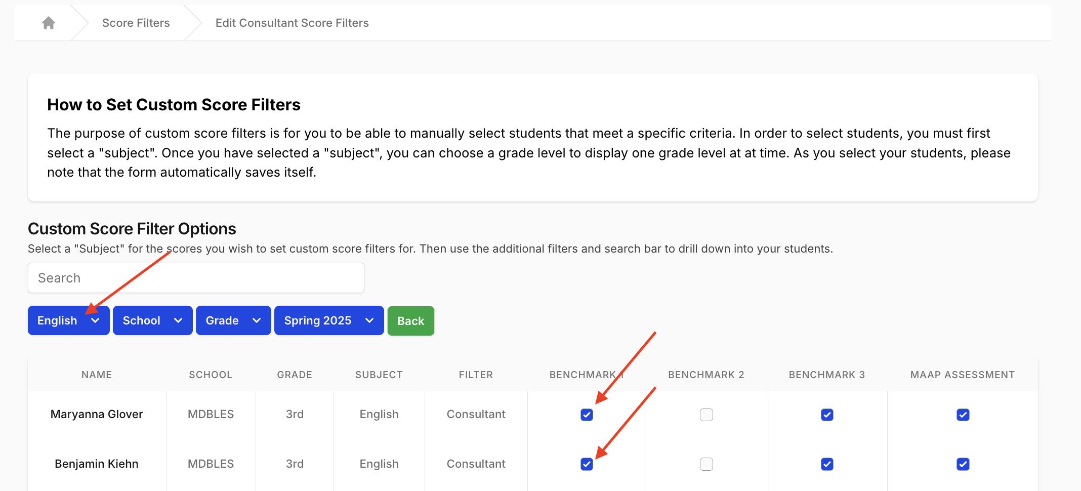 Select Score Filters